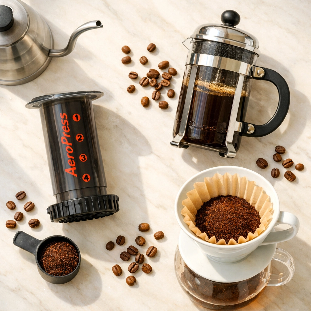Home coffee brewing equipment including AeroPress, French press, and pour-over dripper with fresh beans