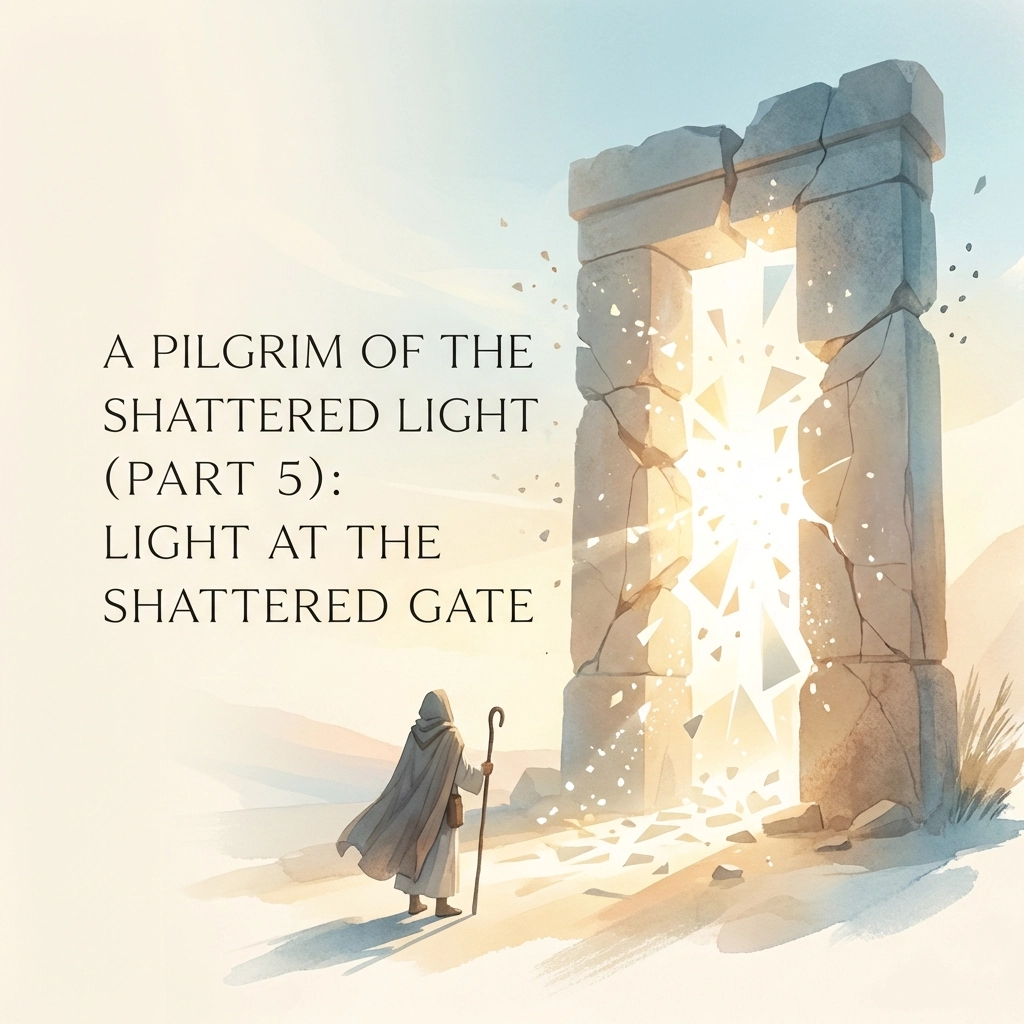 The path had grown treacherous in the days since leaving the Company of Broken Things. Thomas found himself walking alone once more, though the memory of their fellowship burned warm in his chest like a coal carefully tended. The Watcher's words echoed in his mind: "The gate you seek is not whole, pilgrim. It was shattered long ago, but therein lies its beauty." Now, as dawn broke over the jagged horizon, Thomas understood what the Watcher had meant.  The Approach to Desolation  Before him stretched a wasteland unlike any he had encountered on his journey. The earth was cracked and dry, split open like wounds that refused to heal. Scattered across this desolate plain were the remnants of what had once been a mighty fortress: broken stones, rusted gates, and towers that reached toward heaven like accusing fingers. But it was not the destruction that made Thomas pause. It was the silence. In all his travels through the Valley of Shadows, across the Misted Field, and beyond the settlements of the lost, there had always been some sound: wind, water, the distant cry of birds, or even his own footsteps. Here, the silence was so complete it seemed to press against his eardrums like deep water. "Lord," he whispered, and his voice cracked the stillness like thunder. "I don't understand this place." As if in answer to his prayer, a figure emerged from behind one of the fallen stones. Thomas instinctively reached for the small blade at his side, but stopped when he saw the stranger's face. It was ancient beyond measure, yet somehow familiar: like looking into a mirror that reflected not his appearance, but his soul. "You are Thomas," the figure said, and it was not a question. "The one who carries the Shattered Light." Thomas looked down at his satchel, where the fragments of light he had collected: from the Valley of Shadows, from the Company of Broken Things, from moments of grace along his journey: pulsed with gentle warmth. "I am," he replied. "Are you the Gatekeeper?" The ancient figure smiled, and in that smile, Thomas saw infinite sadness and infinite hope intertwined. "I am what remains of the Gatekeeper. Come, pilgrim. It is time you understood the truth about your destination."  The Story of the Shattered Gate  They walked together toward the heart of the ruins, and as they did, the Gatekeeper began to speak. "Long ago, this gate stood whole and perfect. It was wrought by the Creator's own hands, meant to be the passage between the earthly realm and the heavenly city. All who approached with pure hearts could pass through without hindrance." Thomas could barely imagine such beauty as the Gatekeeper described: a gate of pearl and gold, singing with the music of the spheres, radiating light that could heal any wound and answer any question. "But what happened to it?" Thomas asked, though part of him already knew the answer would break his heart. "Pride," the Gatekeeper said simply. "The guardians of the gate began to believe that their judgment was superior to the Creator's. They decided who was worthy to pass and who was not. They added rules upon rules, tests upon tests, until the gate that had been meant for all became accessible to only a few." They stopped before what had once been the gate's foundation. Thomas could see the outline in the broken stone: an archway large enough for multitudes to pass through at once. Now it lay in pieces, each fragment scattered across the wasteland. "The Creator's heart broke," the Gatekeeper continued. "Not from anger, but from sorrow. And when the heart of perfect Love breaks, creation itself trembles. The gate shattered, not from divine wrath, but from divine grief." Thomas felt tears on his cheeks. "Then how can anyone pass through? How can the journey continue?" The Gatekeeper turned to him, eyes twinkling with something that might have been hope. "Show me what you carry, pilgrim."  The Gathering Light  With trembling hands, Thomas opened his satchel. The fragments of light he had collected spilled out like living stars, each one pulsing with its own rhythm, its own color, its own song. There was the pearl-white light from his moment of surrender in the Valley of Shadows. The golden light from the laughter shared with the Company of Broken Things. The silver light from tears shed in honest grief. The blue light from prayers offered in desperation and answered in unexpected ways. As the fragments tumbled out, they began to move toward the scattered stones of the gate. One by one, they settled into the cracks and crevices, illuminating the broken pieces from within. "You see," the Gatekeeper said softly, "the gate was never meant to be rebuilt. It was meant to be transformed. Each pilgrim who passes this way carries fragments of the original light: pieces of grace gathered along the journey of faith. When enough pilgrims come, when enough light is shared, the gate becomes something new." Thomas watched in wonder as his small fragments joined with countless others, creating a shimmering, ever-changing archway of pure light. It was not the solid, imposing structure the original gate had been. Instead, it was transparent, welcoming, alive with movement and music. "It cannot be controlled," the Gatekeeper explained. "It cannot be regulated or restricted. It responds only to the genuine movement of hearts toward the Creator. It welcomes the broken, the seeking, the uncertain: all those whom the old guardians turned away."  The Choice to Pass Through  As Thomas stood before the gate of light, he found himself hesitating. After so long a journey, after so many trials and revelations, the prospect of finally arriving at his destination filled him with unexpected uncertainty. "What lies beyond?" he asked. "The same thing that has always lain beyond," the Gatekeeper replied. "Home. Rest. The presence of the One who sent you on this journey in the first place. But also: " He paused, studying Thomas carefully. "Also responsibility." "What kind of responsibility?" "Some pilgrims pass through and find their eternal rest. Others choose to become guides for those who follow. And still others return to the world to help other seekers find their way to this place. The choice is yours to make, but not yet. First, you must pass through." Thomas looked back the way he had come: at the path that had led him through darkness and doubt, through fellowship and solitude, through death and rebirth. He thought of all those he had met along the way: the Watcher in the misted field, the members of the Company of Broken Things, the countless unnamed souls seeking their own paths to truth. Then he looked forward, at the gate that was no longer a barrier but an invitation. The light called to him, not with words, but with a recognition that resonated in the deepest part of his being. This was what he had been seeking all along: not a destination, but a doorway. Not an ending, but a beginning. Taking a deep breath, Thomas stepped toward the gate. As he did, he felt the last of his earthly burdens fall away: the weight of his failures, the ache of his regrets, the fear of his inadequacy. In their place came something he had never experienced before: the absolute certainty of being perfectly known and perfectly loved. The light enveloped him, and Thomas understood at last why the Watcher had called it beautiful in its brokenness. The shattered gate could welcome anyone, exclude no one, and transform everything that passed through it. It was not the gate of human judgment, but the gate of divine mercy. As he stepped through the threshold, Thomas heard the Gatekeeper's voice one last time: "Welcome home, pilgrim. Your real journey is just beginning."  Epilogue: The Continuing Story  On the far side of the gate, Thomas found himself in a garden more beautiful than any earthly paradise. But even as he marveled at its wonders, he felt a gentle hand on his shoulder. "There are others coming," a familiar voice said. Thomas turned to see not one, but hundreds of figures: all pilgrims who had made this journey before him, all now serving as guides and companions for those who followed. "Your fragments of light will regrow," the voice continued. "And when they do, you will have a choice to make. Will you stay in the garden, or will you return to help others find their way to the shattered gate?" Thomas smiled, understanding at last why his journey had been necessary. The gate was not just a destination: it was a commissioning. The light he had gathered was not just for his own salvation, but for the lighting of the way for others. In the distance, he could already see them: new pilgrims, taking their first tentative steps along the path he had traveled. And in his heart, he felt the first stirrings of a new kind of love: not the need to be saved, but the desire to help others find their own way to the light. The journey continued, as it always had, as it always would. But now Thomas was no longer just a pilgrim seeking the way home. He was part of the way itself, a fragment of the eternal light that would guide others to the shattered gate where mercy and truth, justice and love, would forever meet. To be continued in Part 6: The Return If this allegorical tale resonates with your own spiritual journey, consider exploring more faith-based content and resources at laynemcdonald.com. The path of faith is rarely traveled alone, and sometimes we all need fellow pilgrims to light the way.