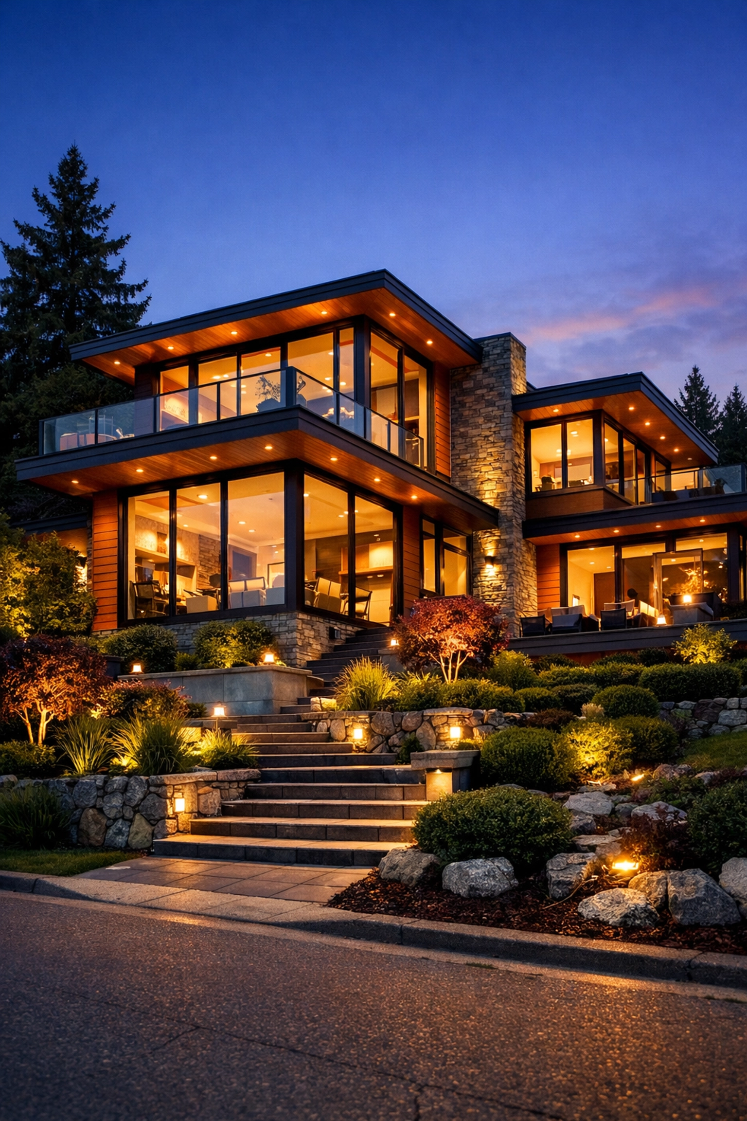 Architecturally stunning modern Vancouver home at dusk representing luxury rental property investment.