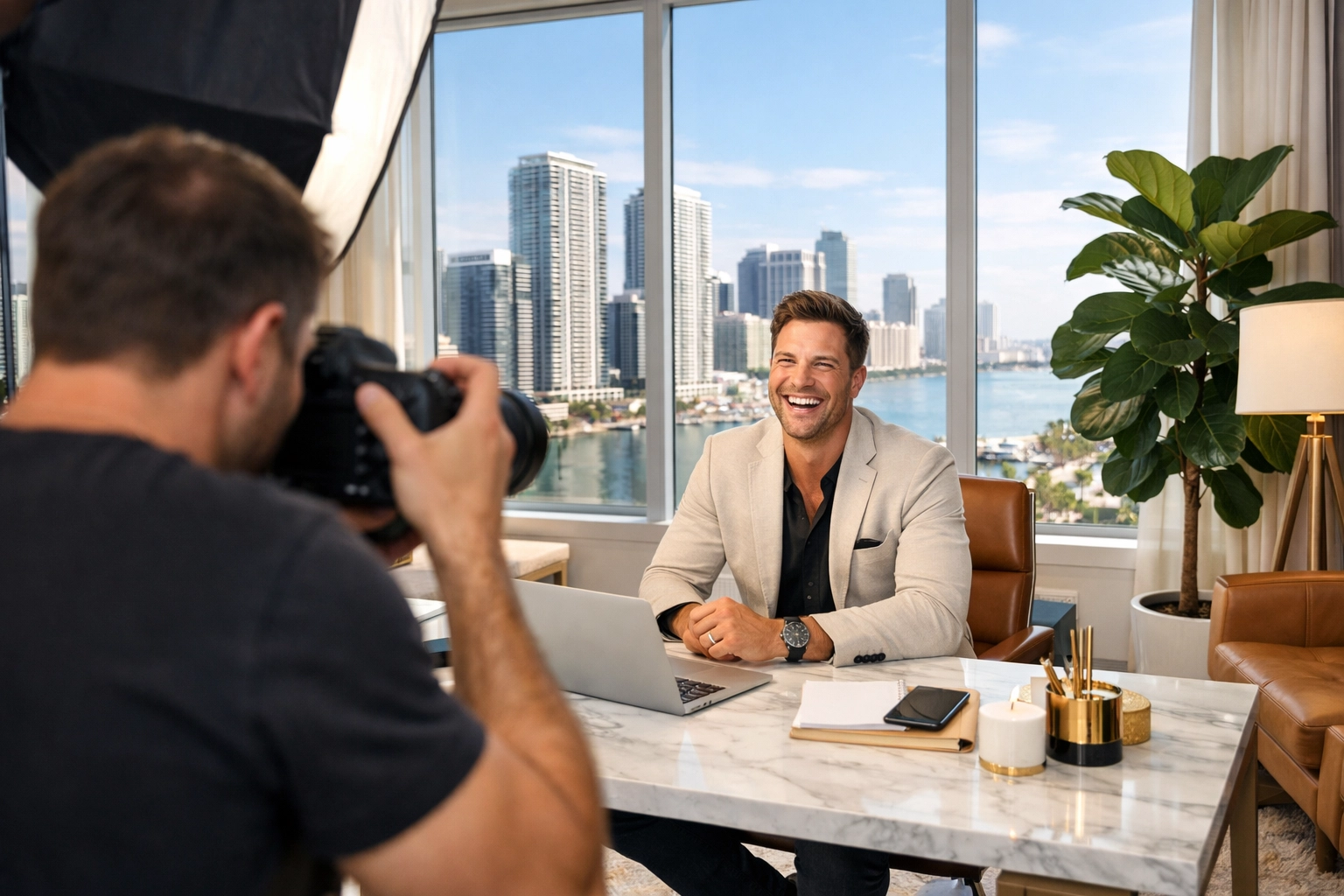 Professional brand photography session in a Miami loft featuring an entrepreneur and Brickell skyline.