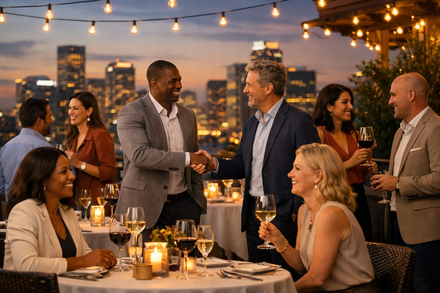 Business professionals networking at exclusive rooftop restaurant during corporate Super Bowl event