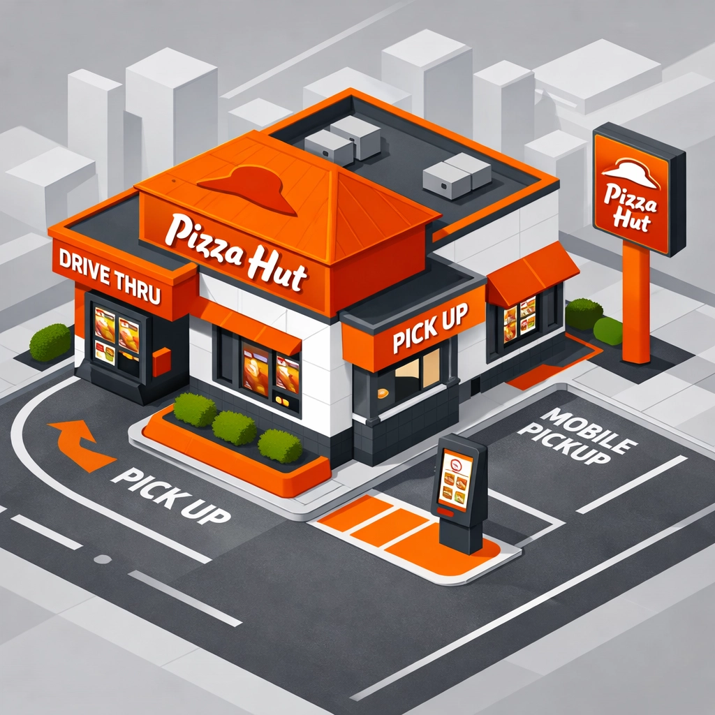 Compact Pizza Hut location with drive-thru and pickup designed for off-premises