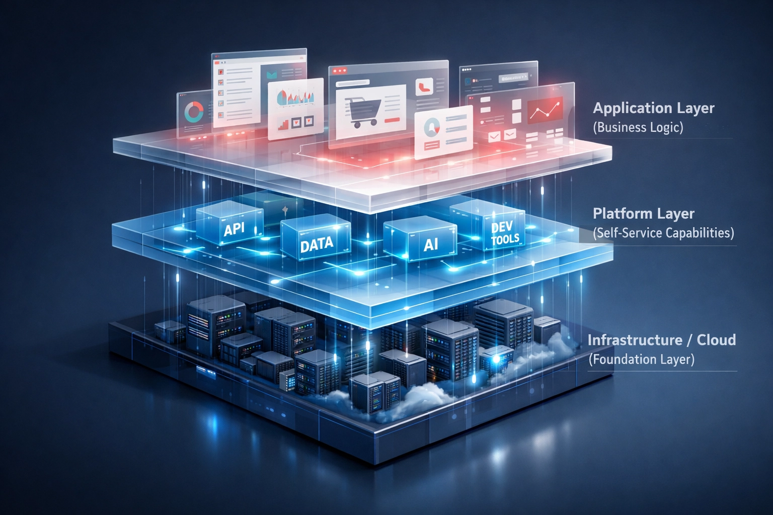 Cloud-native platform architecture layers showing scalable infrastructure and self-service capabilities