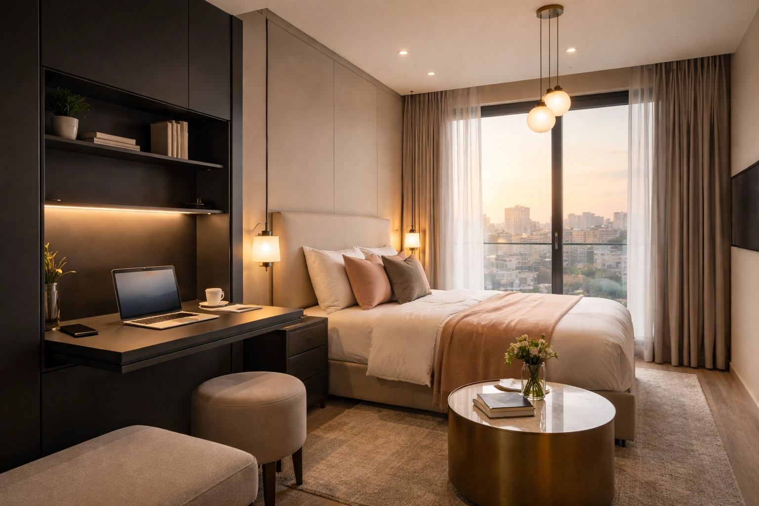 Compact boutique hotel room with a wall-mounted foldaway desk, illustrating multifunctional furniture for guest productivity and comfort.