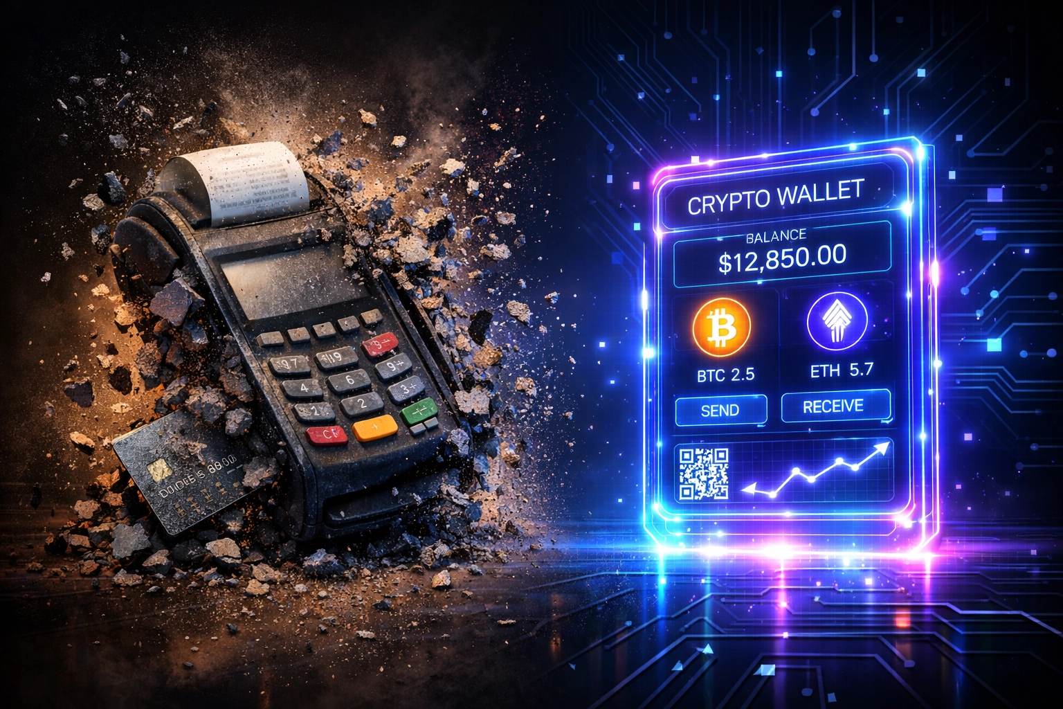 Traditional payment processor transforming into modern crypto wallet showing evolution of payment technology