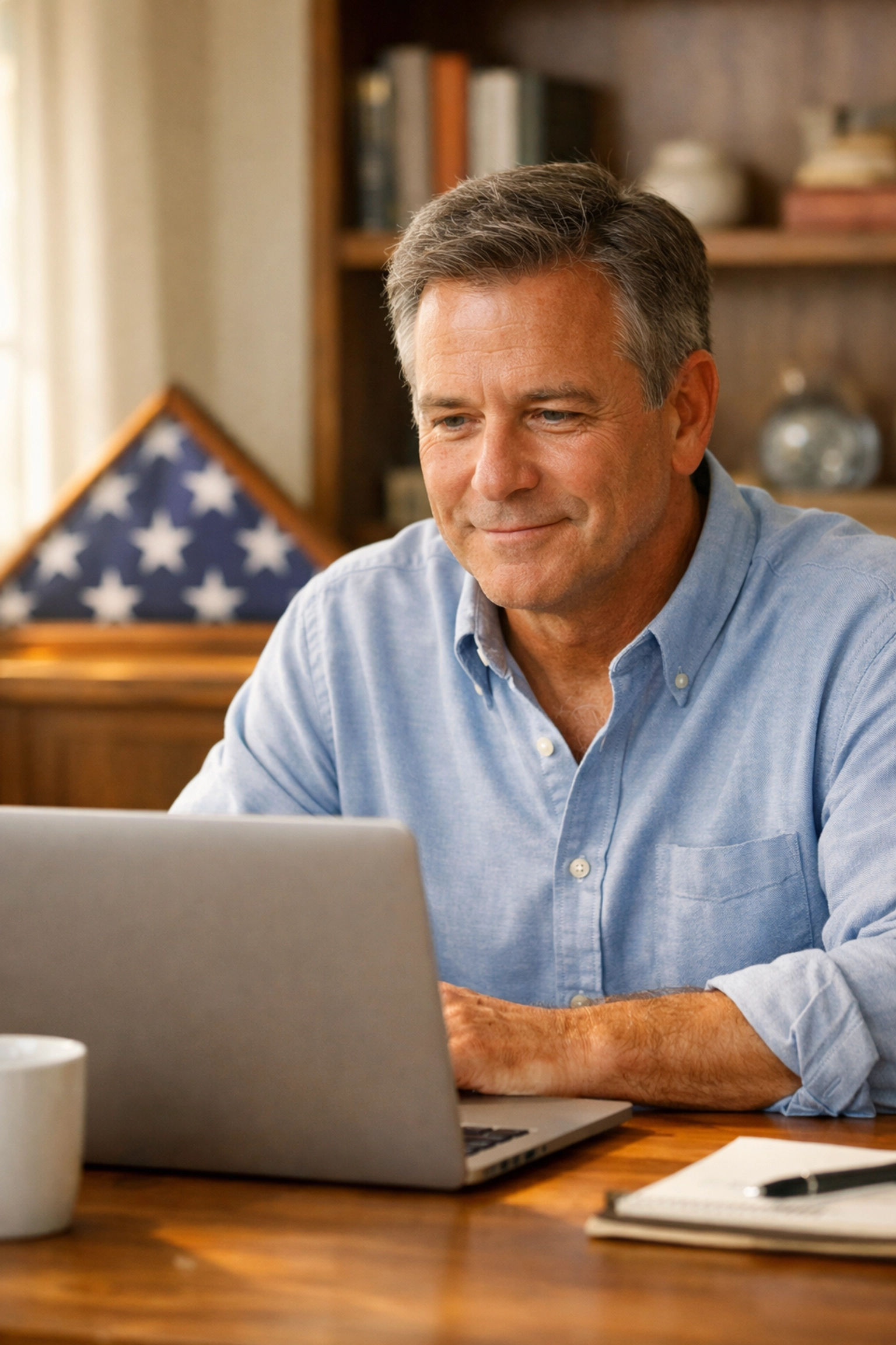 A man reading a Pledge Allegiance daily press release on his laptop to stay informed on civic education updates.