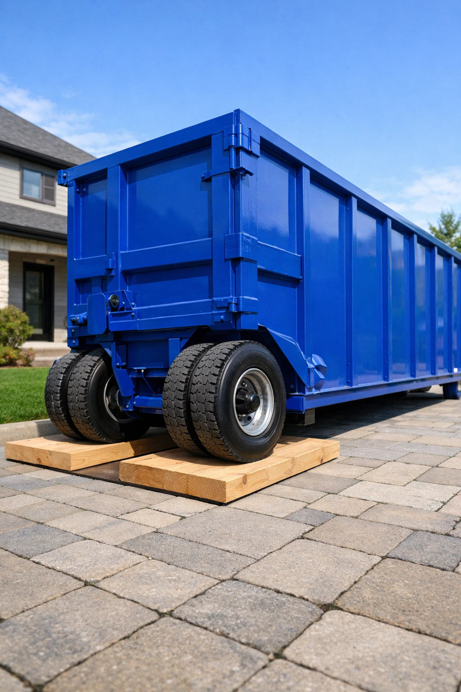 Driveway-safe dumpster rental North York showing wooden planks protecting interlocking stone from damage.