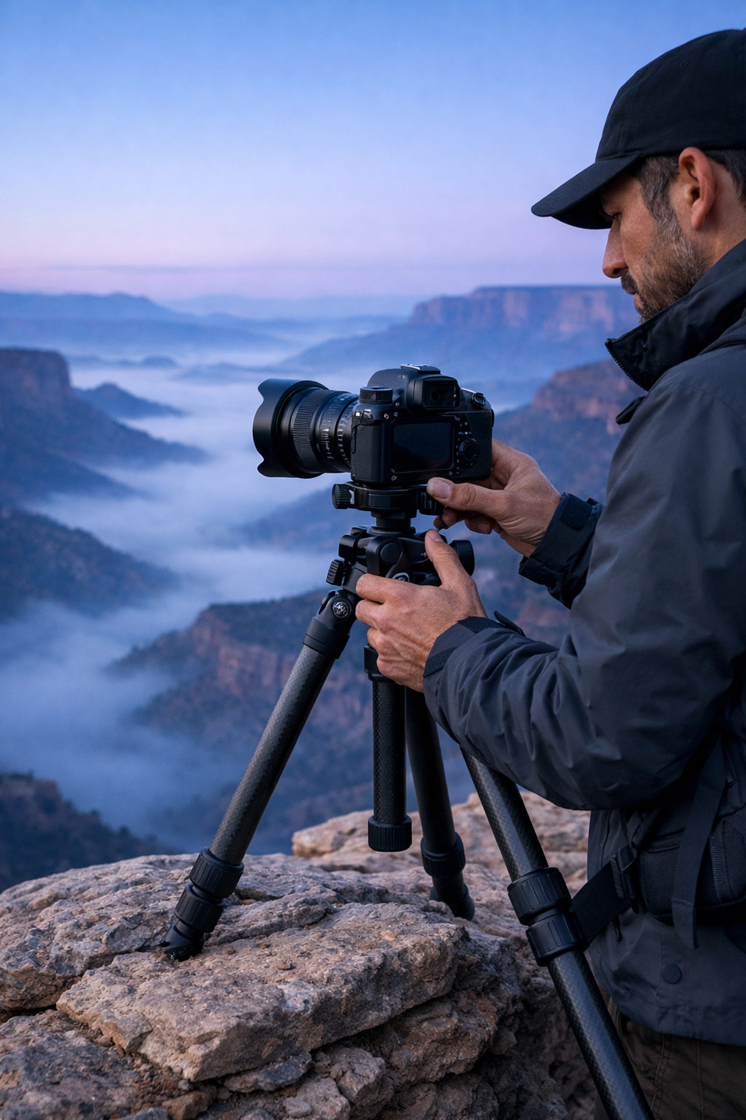 Photographer setting up camera gear at a scenic canyon overlook, capturing landscape photography locations at dawn.