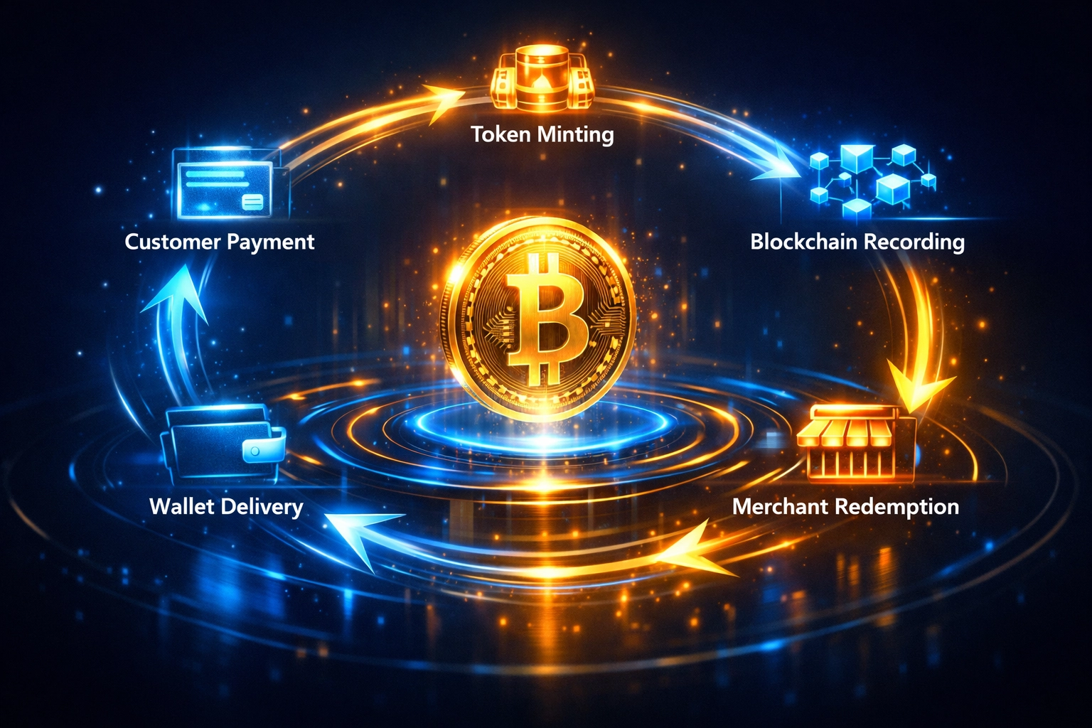 Larecoin receivables token payment flow showing blockchain transaction from customer to merchant