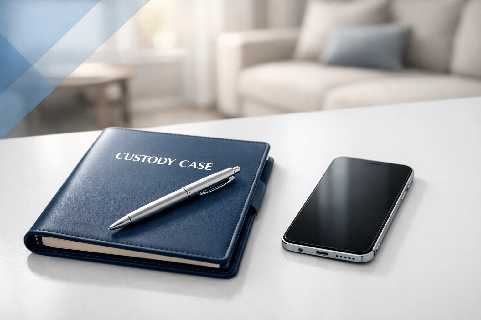 Organized workspace with a planner and smartphone used for documenting communication in a child custody case.
