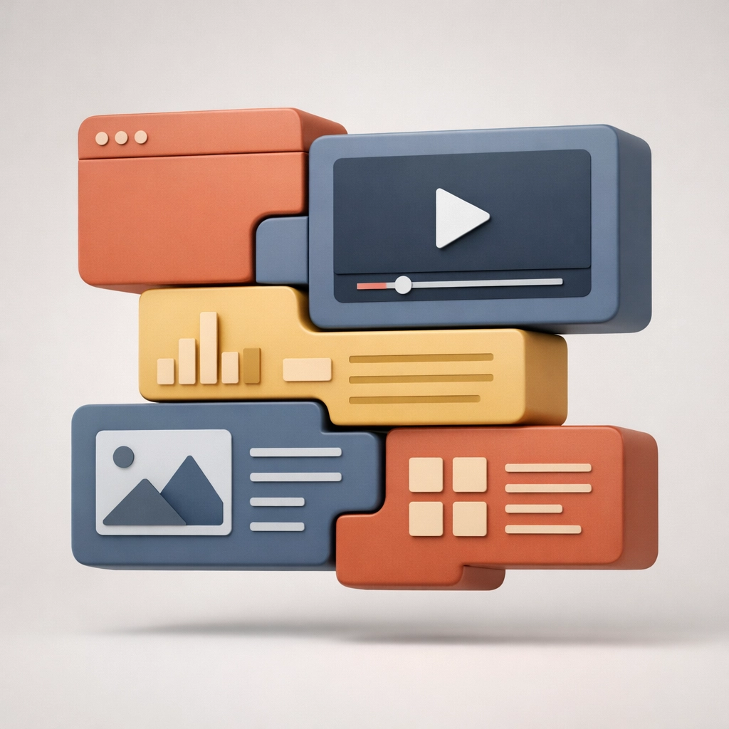 Interlocking components illustrating AI workflows for small business web design and adaptive systems.