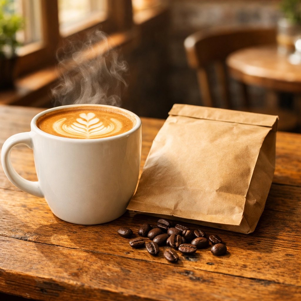 Freshly roasted coffee in a white mug next to a minimalist kraft bag for coffee dropshipping UK.