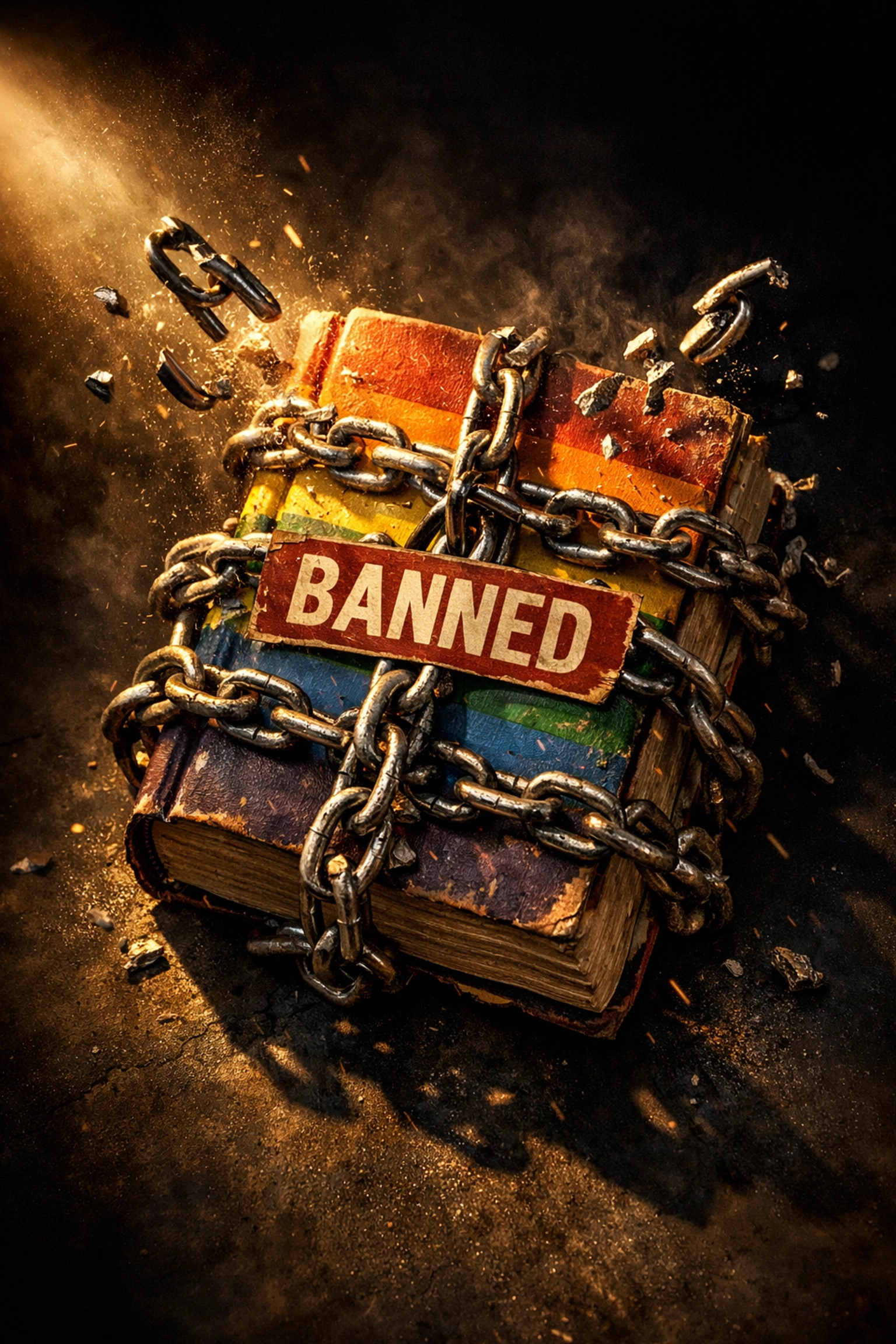 Banned book breaking free from chains symbolizing LGBTQ+ literary censorship and freedom