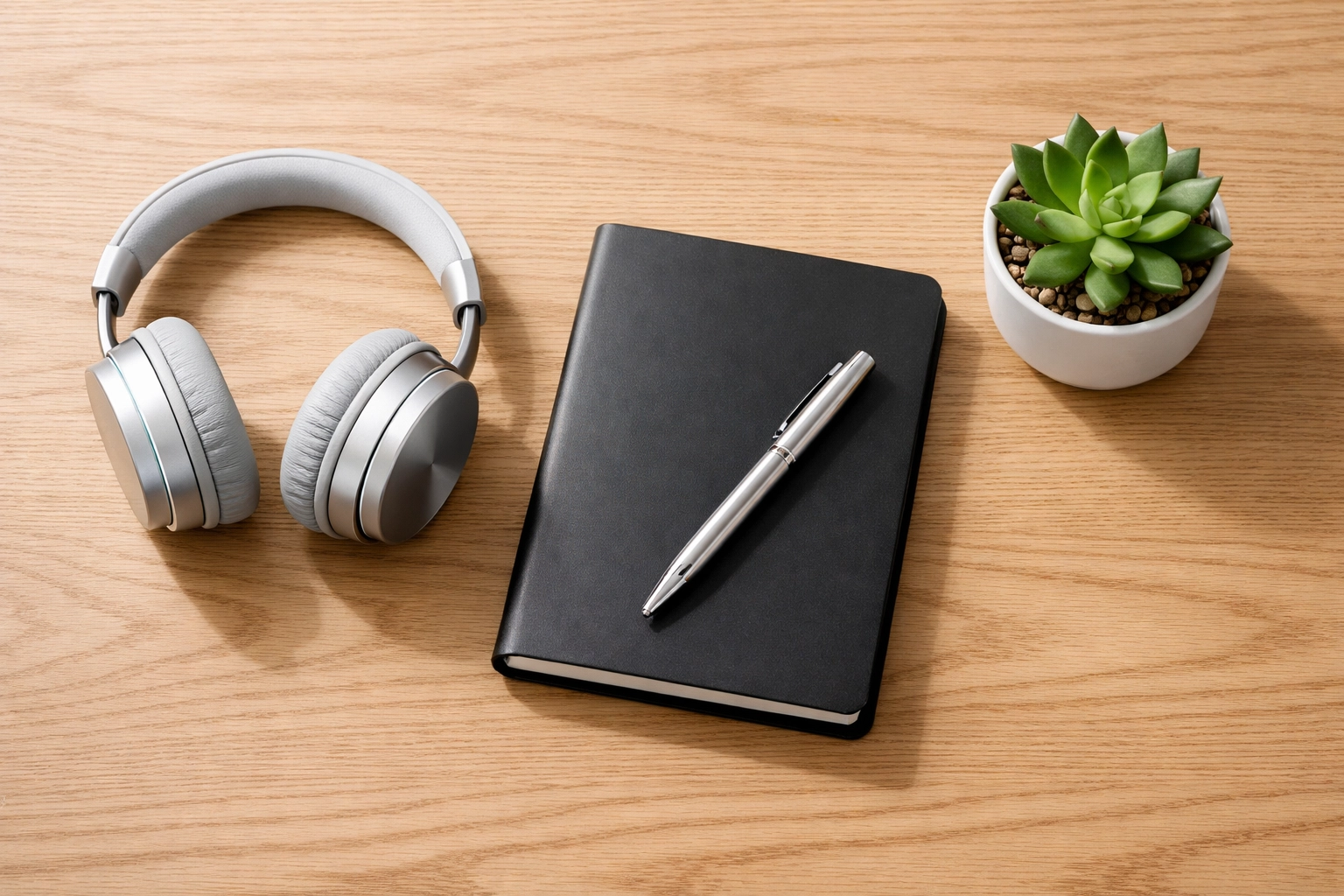 Minimalist workspace essentials including a black notebook and pen for a new employee onboarding kit.