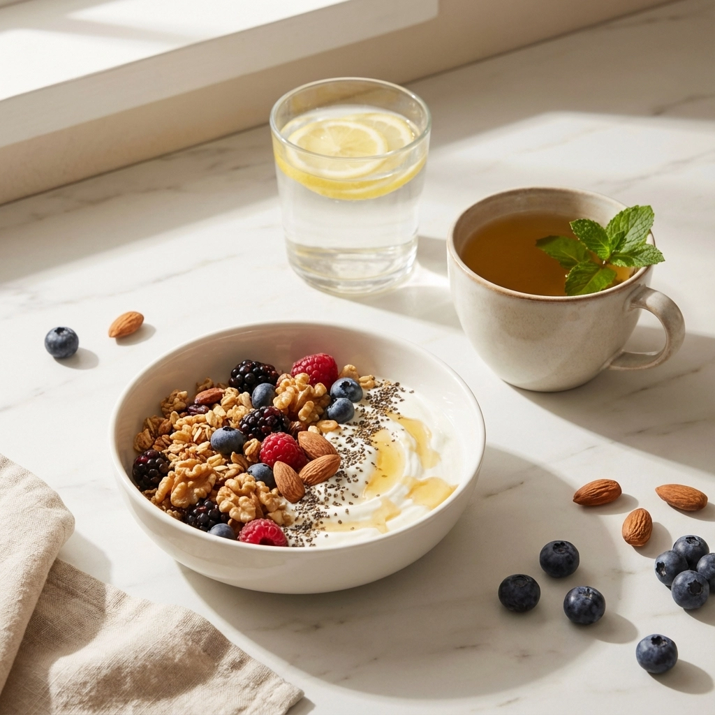 Bowl of yogurt with berries, nuts, chia seeds, and honey on a white table. Nearby, a cup of tea with mint and a glass of lemon water. Sunlit setting.
