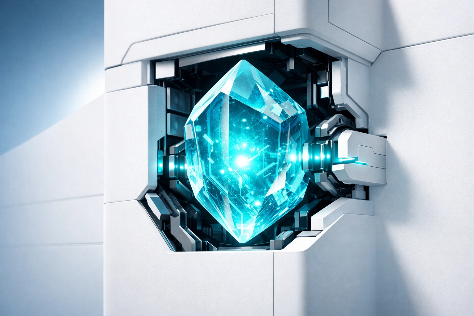 A glowing white-label AI engine integrating into a business structure for rapid digital transformation.