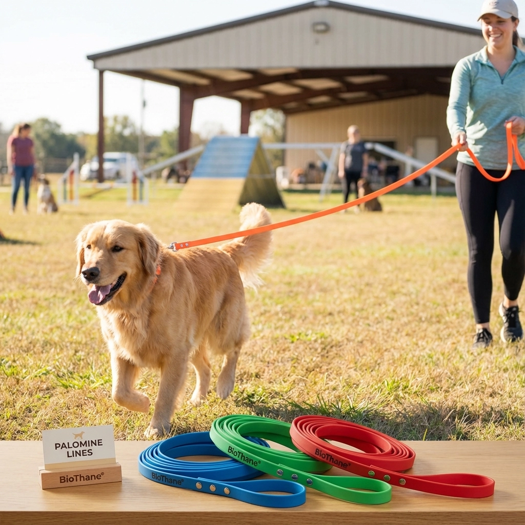 Golden Retriever with Blaze Orange BioThane Long Line