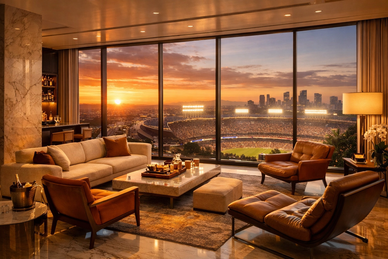 Luxury penthouse interior with stadium views for premium Super Bowl executive hosting and VIP networking.
