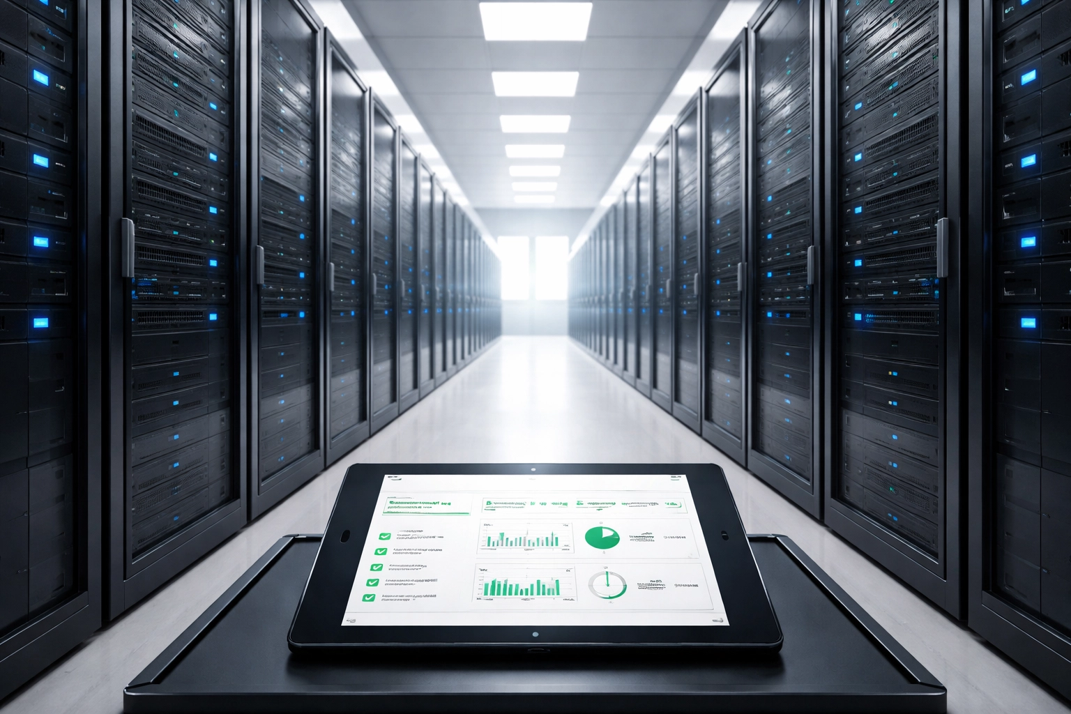 Modern server room with dashboard tablet, symbolizing secure CMDB data integration and ServiceNow data integrity.