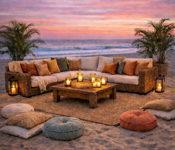 Luxury beach teepee setup with bohemian decor for a private milestone beach birthday party.