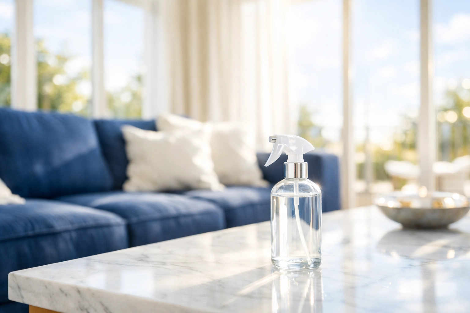 Natural odor eliminator spray on a marble table in a sunlit, clean living room.