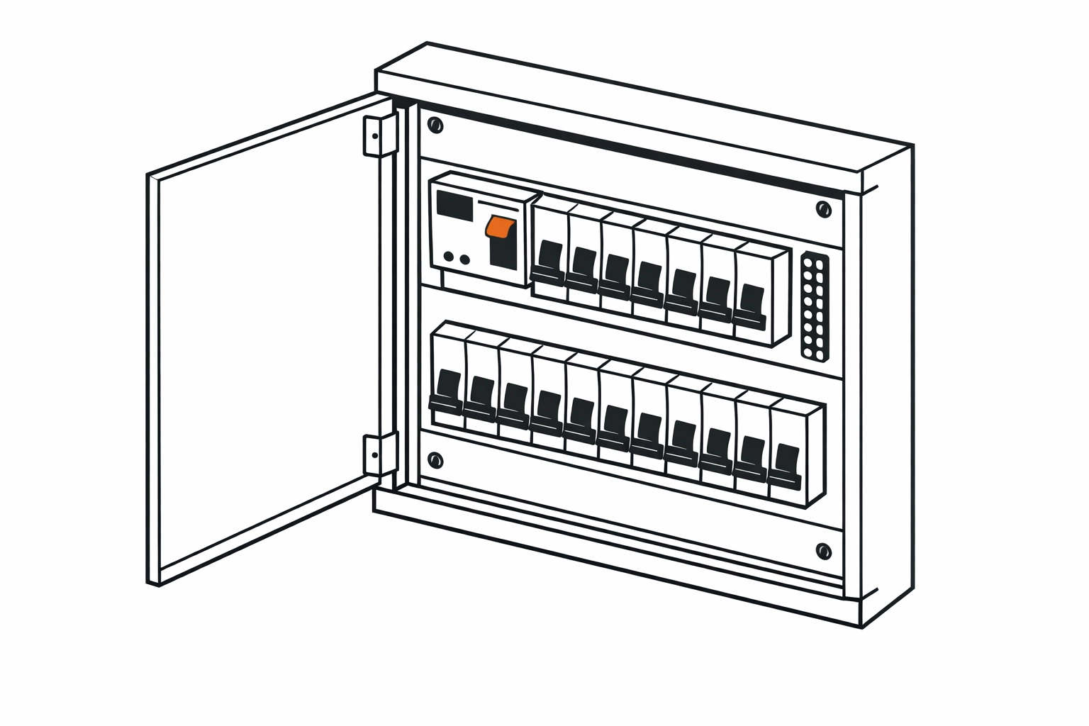 Technische Zeichnung eines modernen Verteilerkastens mit FI-Schutzschalter für Notdienst-Einsätze.