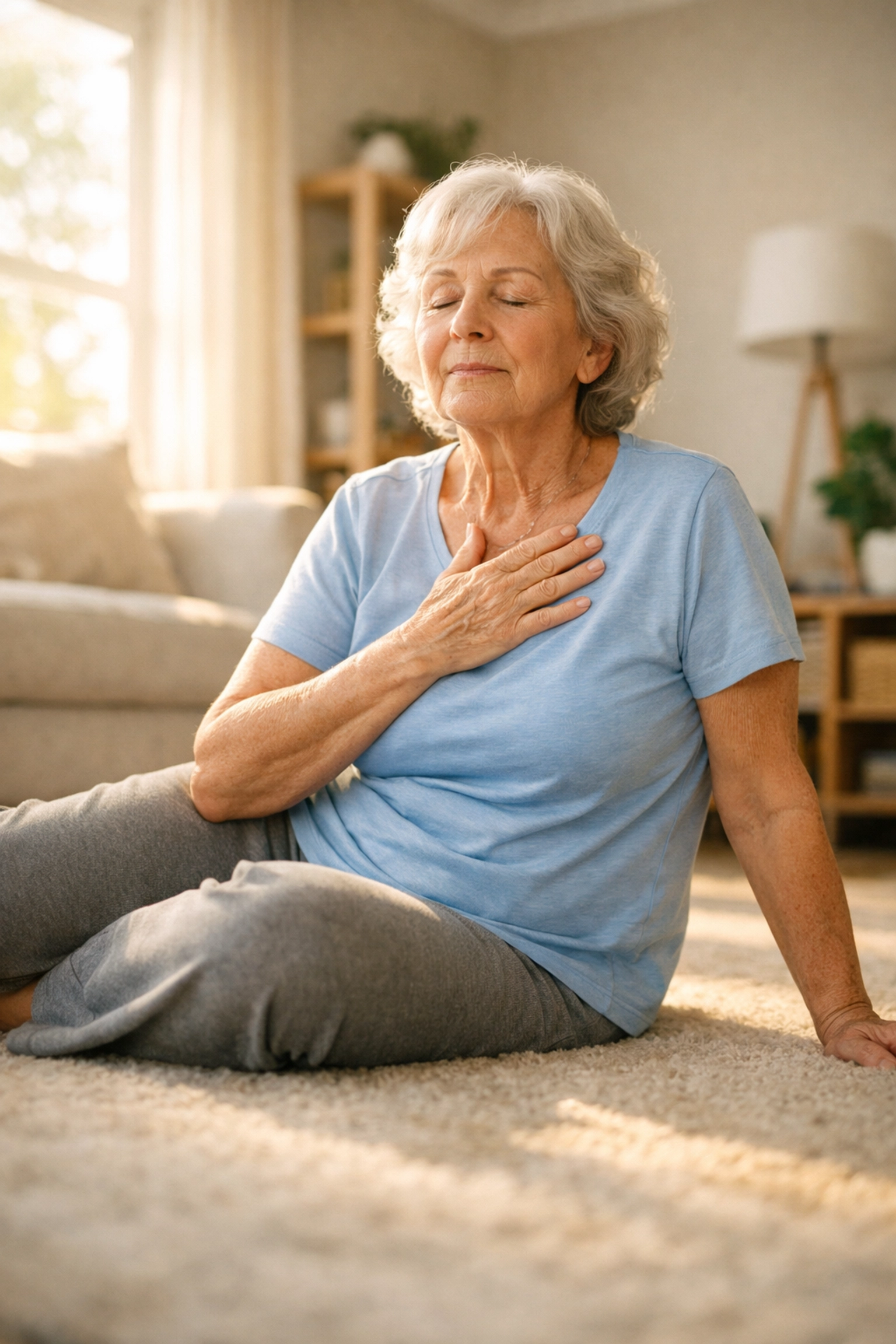 Senior woman staying calm on floor after fall, taking deep breaths to assess situation