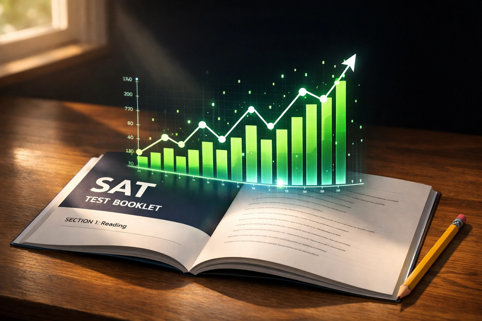 SAT test booklet with colorful bar graphs and line charts displaying data visualization examples
