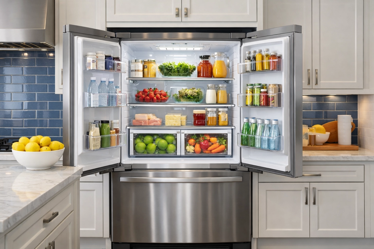 Sparkling clean and organized kitchen refrigerator after a deep residential cleaning service in Wayland MA.