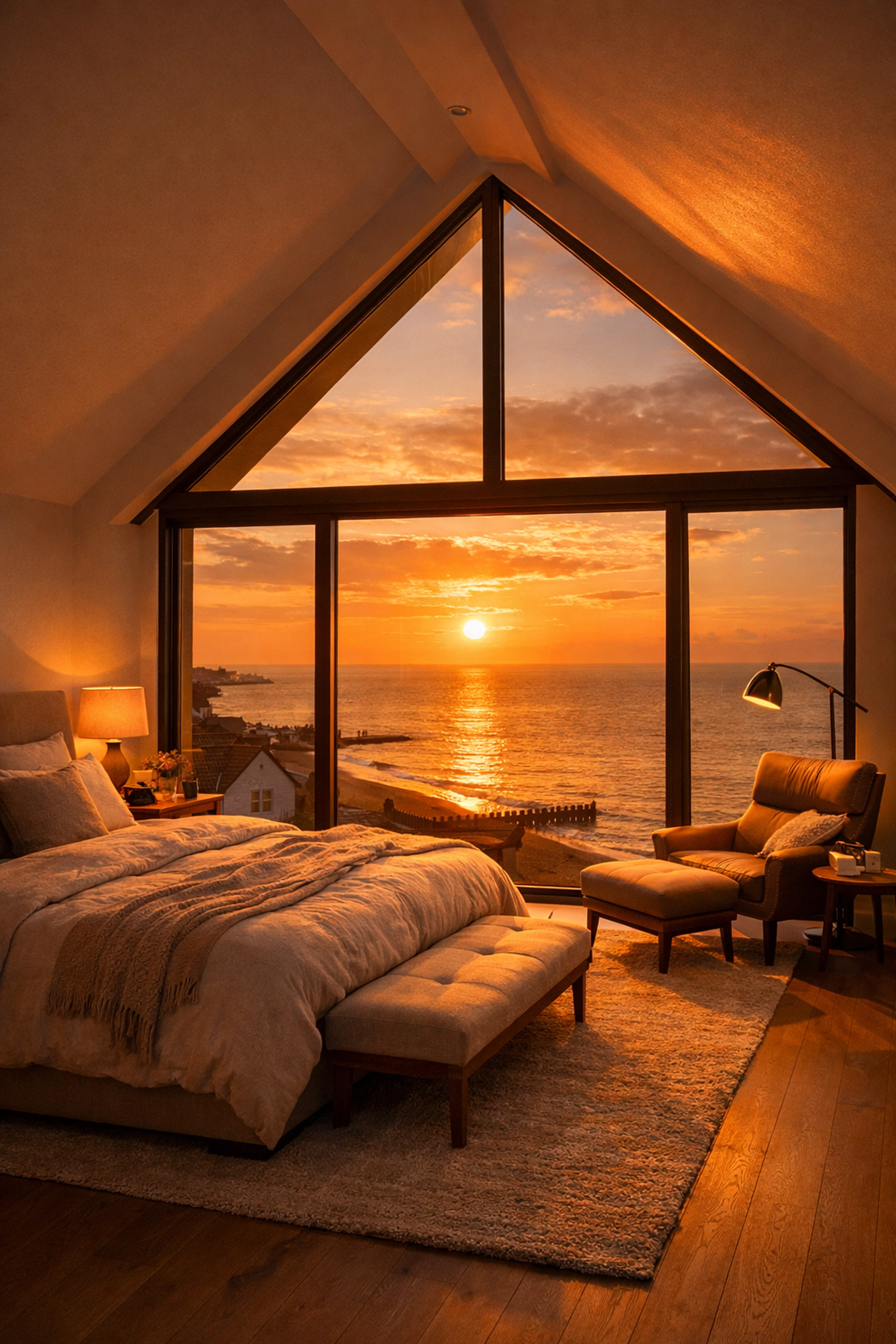 Luxury second-floor master bedroom in Bognor Regis with large windows overlooking the sea.