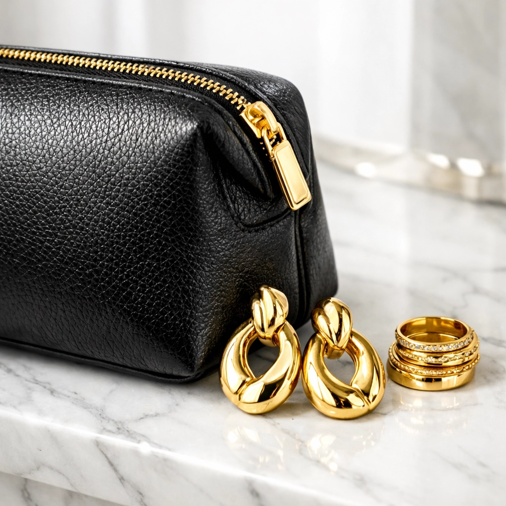 The Ultimate Guide to Shopping Black-Owned: Everything You Need to Support the Movement Luxury Black-owned lifestyle products including a leather cosmetic bag and elegant gold jewelry.