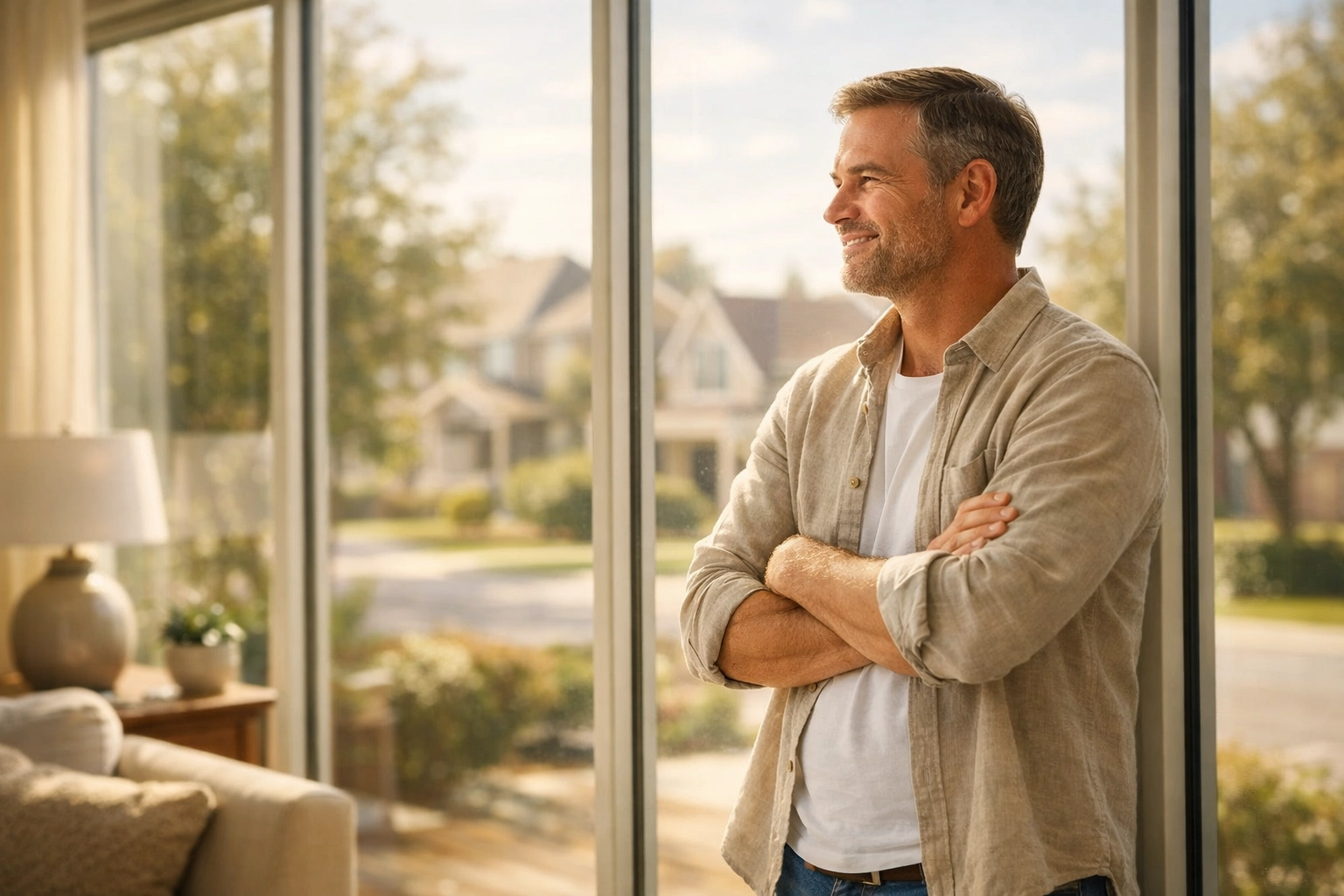 Homeowner enjoying spotless residential windows with natural sunlight in living room