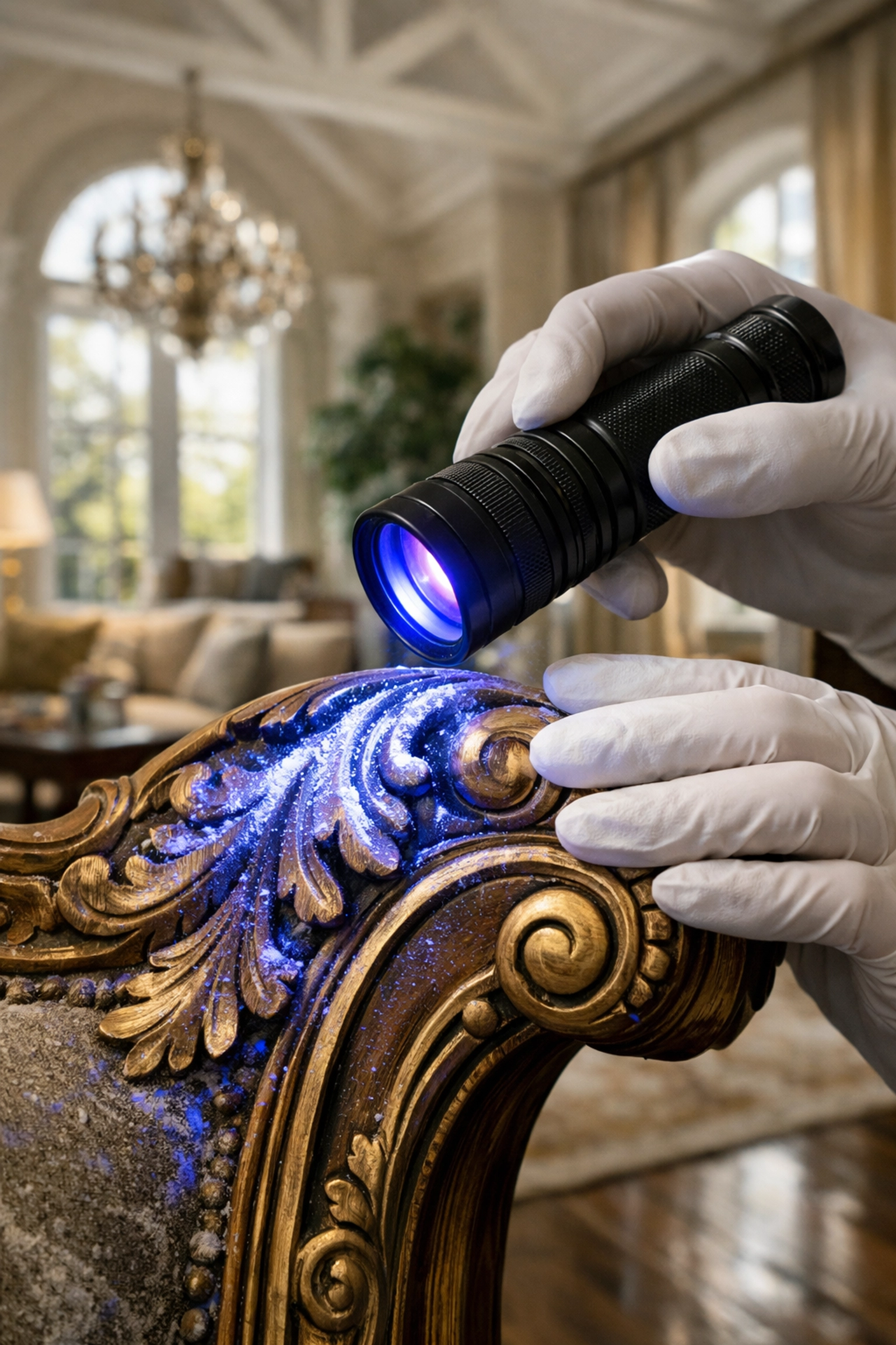 Professional cleaner using UV light to detect hidden allergens during a deep cleaning in Winter Park.