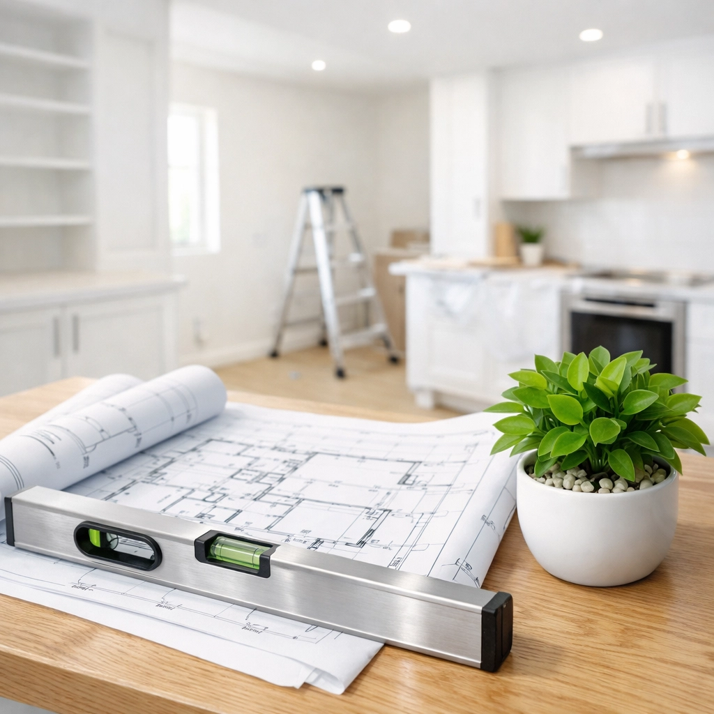 Professional blueprints and tools on a desk representing a successful Tennessee fix and flip renovation project.