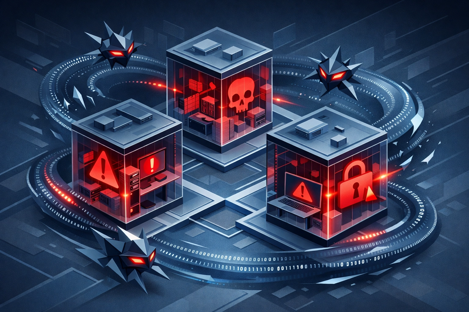 Small business network breach showing AI-powered attack vectors exploiting vulnerabilities