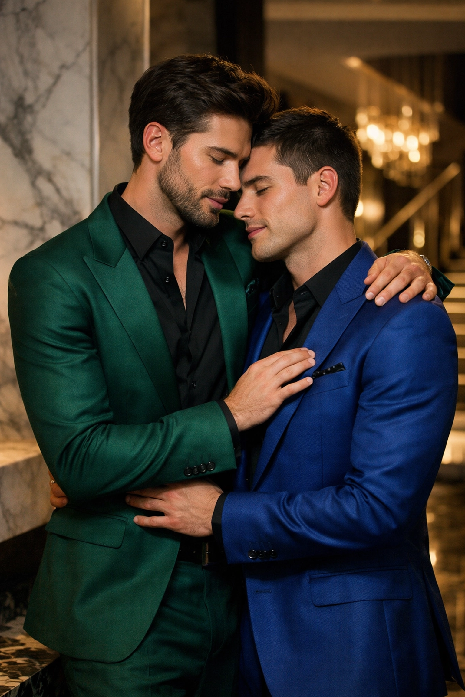 Two men in tailored designer suits embracing, celebrating gay love and couture fashion