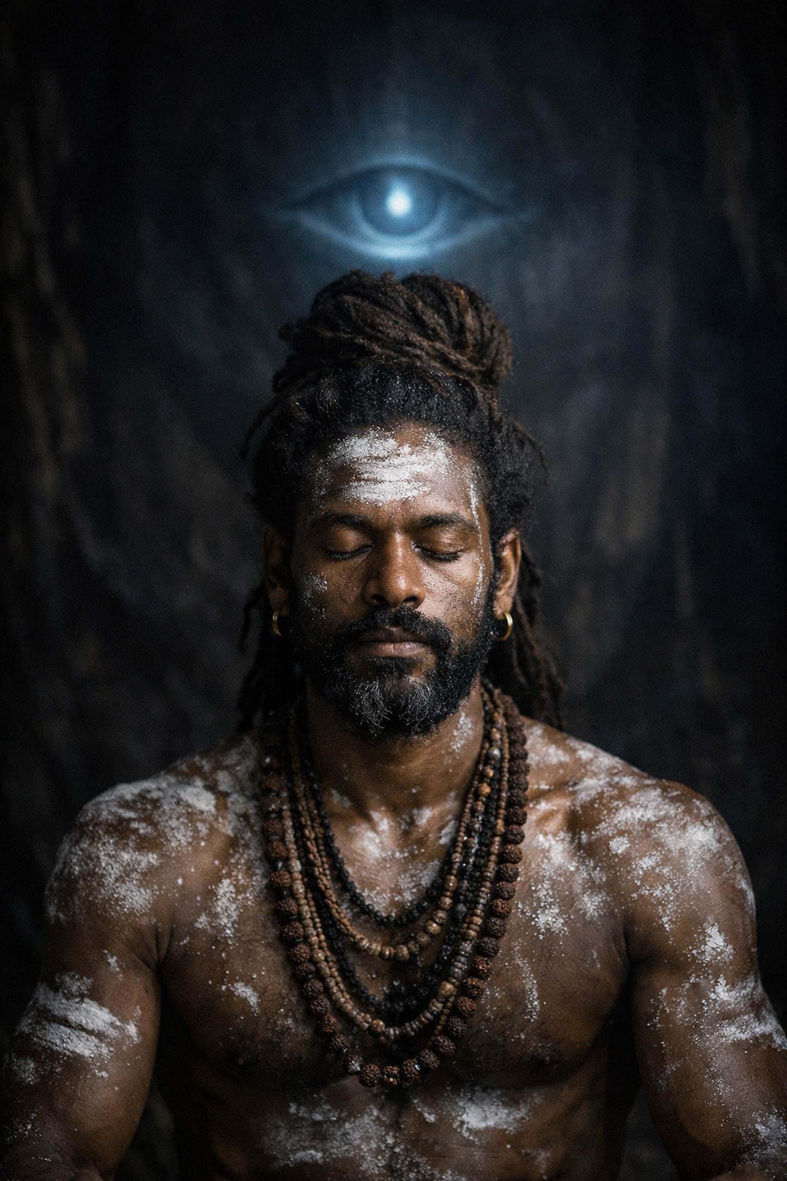 Meditating man with sacred Bhasma ash representing Shiva and the burning of desire.