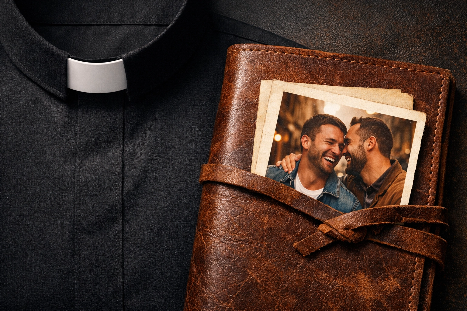 Priest's collar beside hidden photo of two men revealing secret double life in Catholic Church