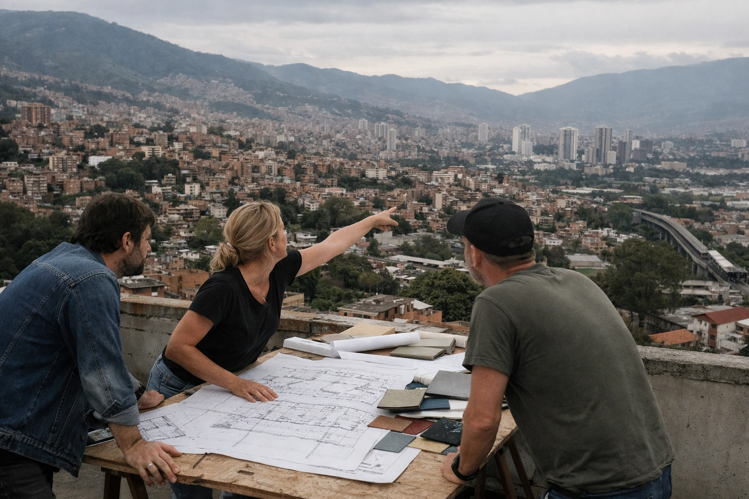 Creative designers collaborating on a Medellín rooftop overlooking the city's industrial skyline.
