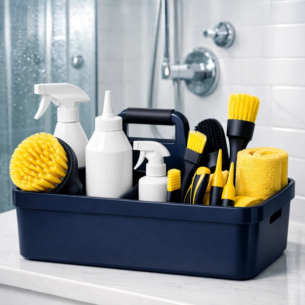 Professional cleaning supplies and caddy prepared for a deep cleaning session in Westford.