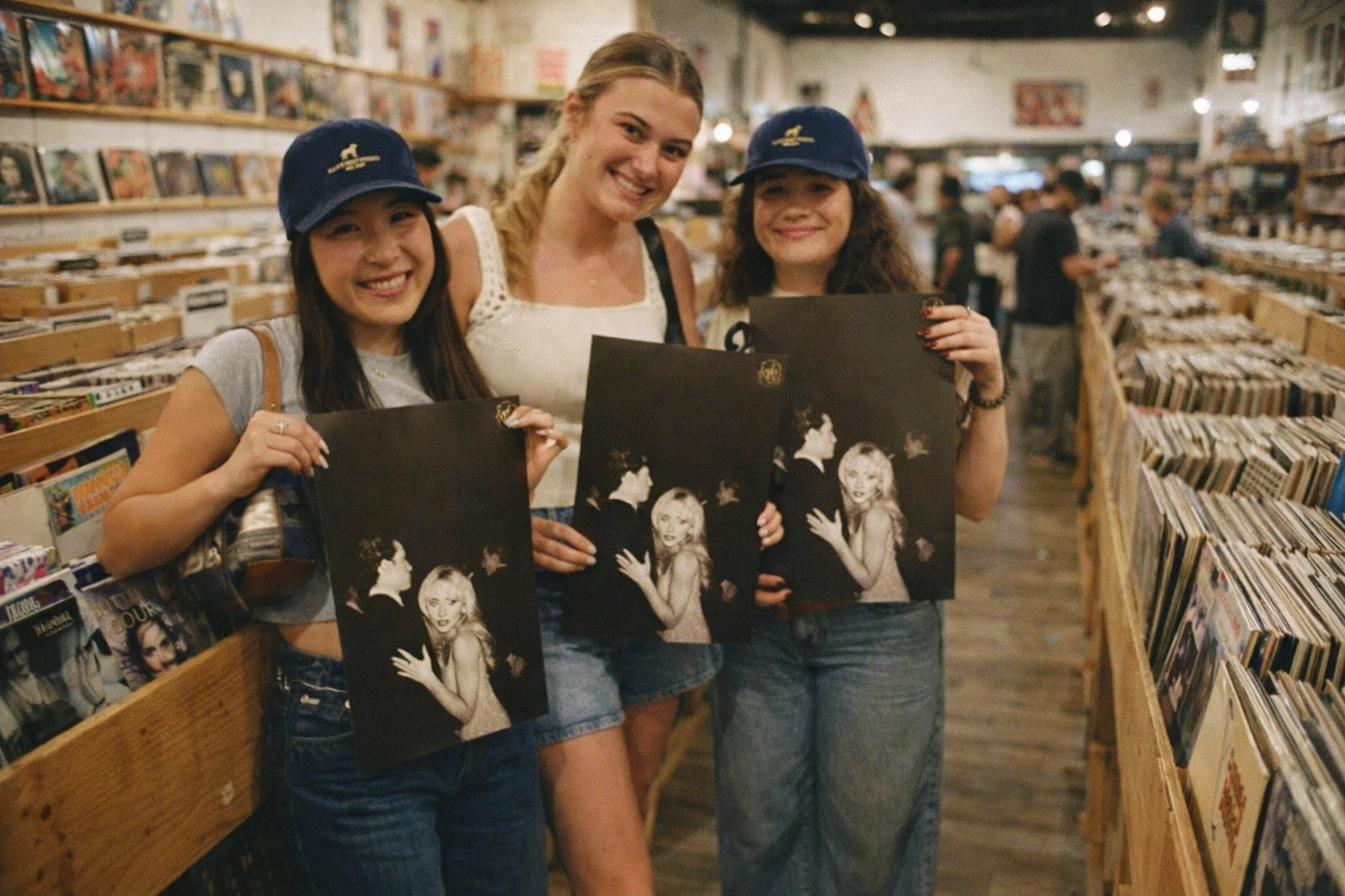 Three customers at Nivessa browse the vinyl aisles