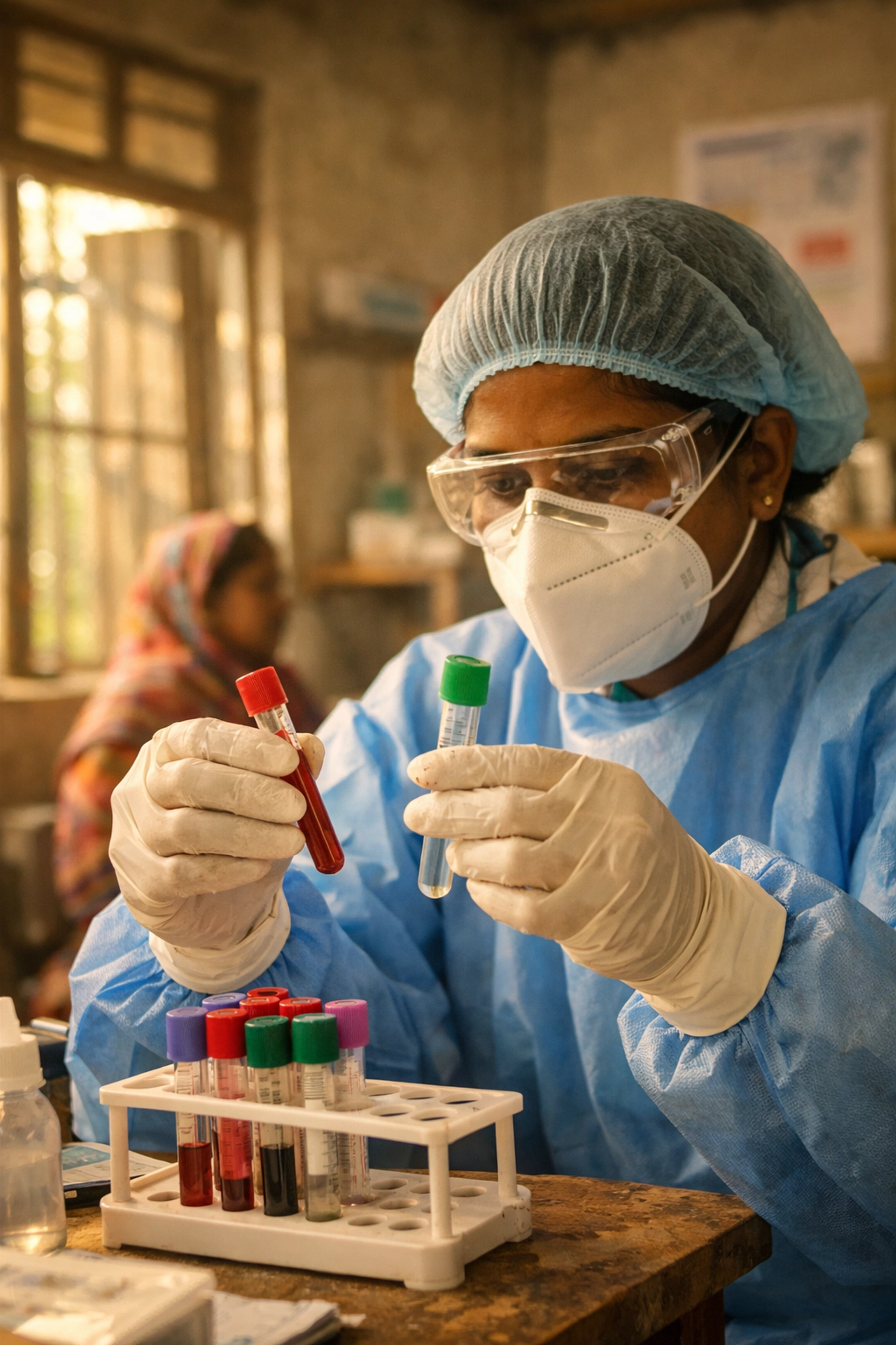 Bangladesh health worker examining laboratory samples for Nipah virus testing