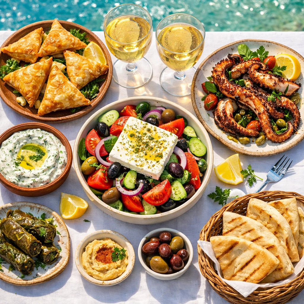 Authentic Greek feast with fresh salad, spanakopita, and wine at seaside taverna