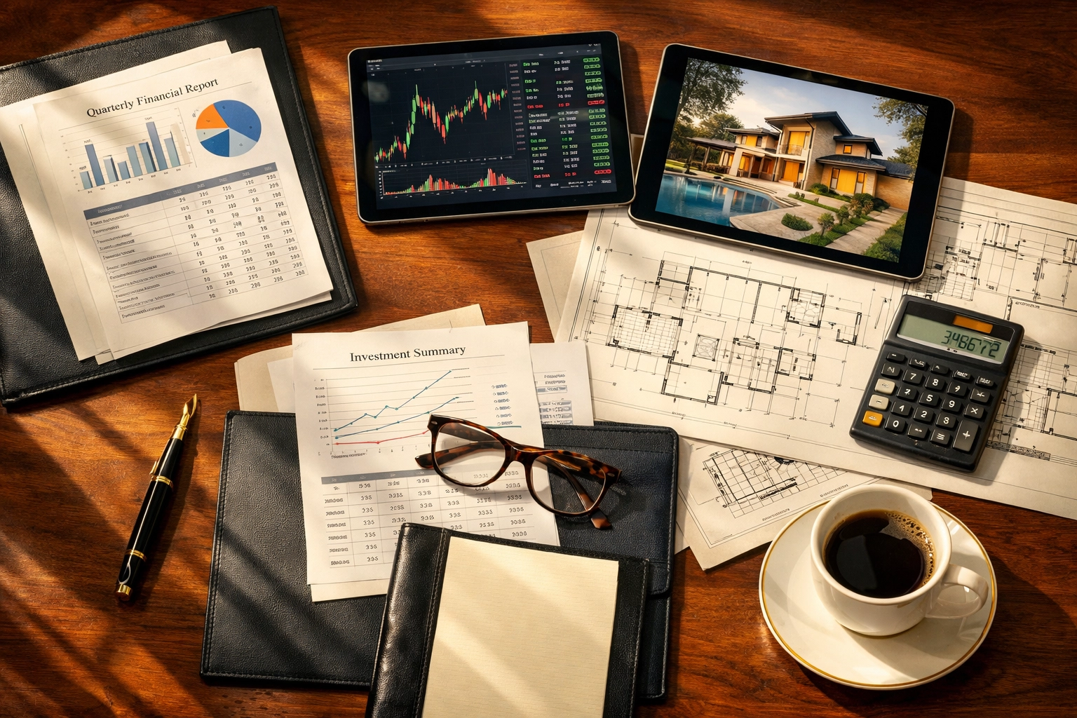 Real estate investment planning documents and property analysis on executive desk