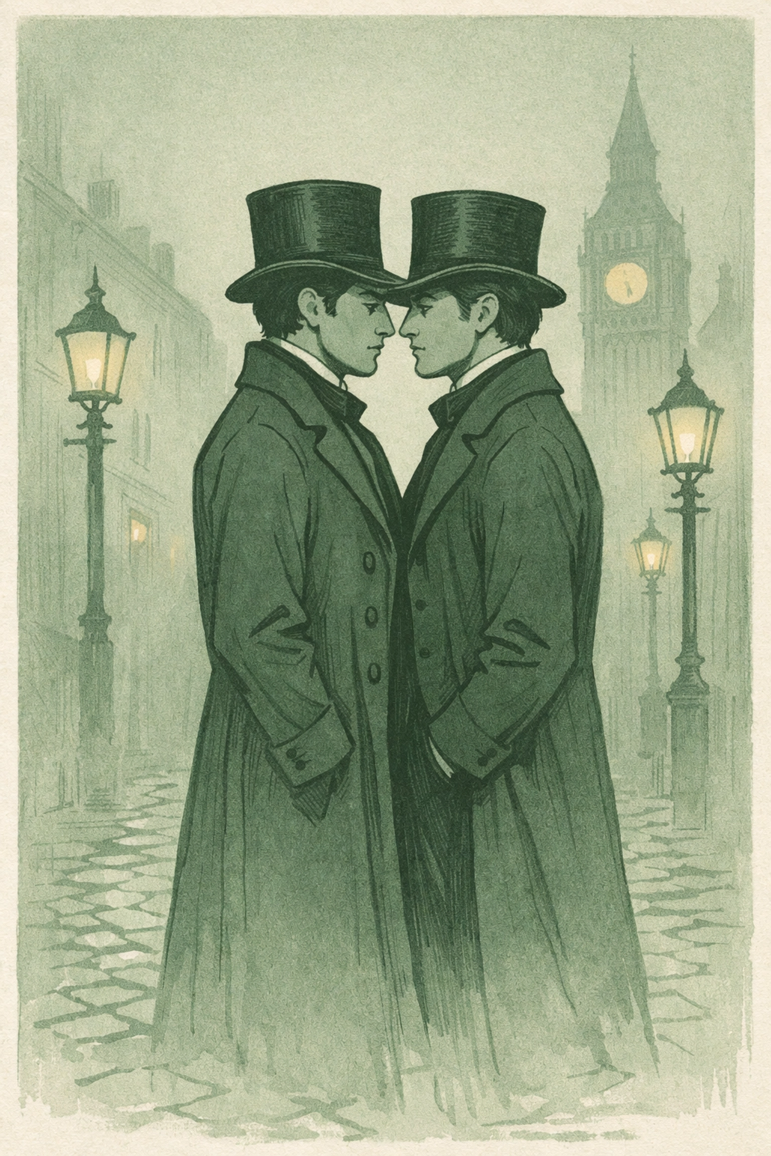 Victorian step-brothers stand close on foggy London street in forbidden MM romance