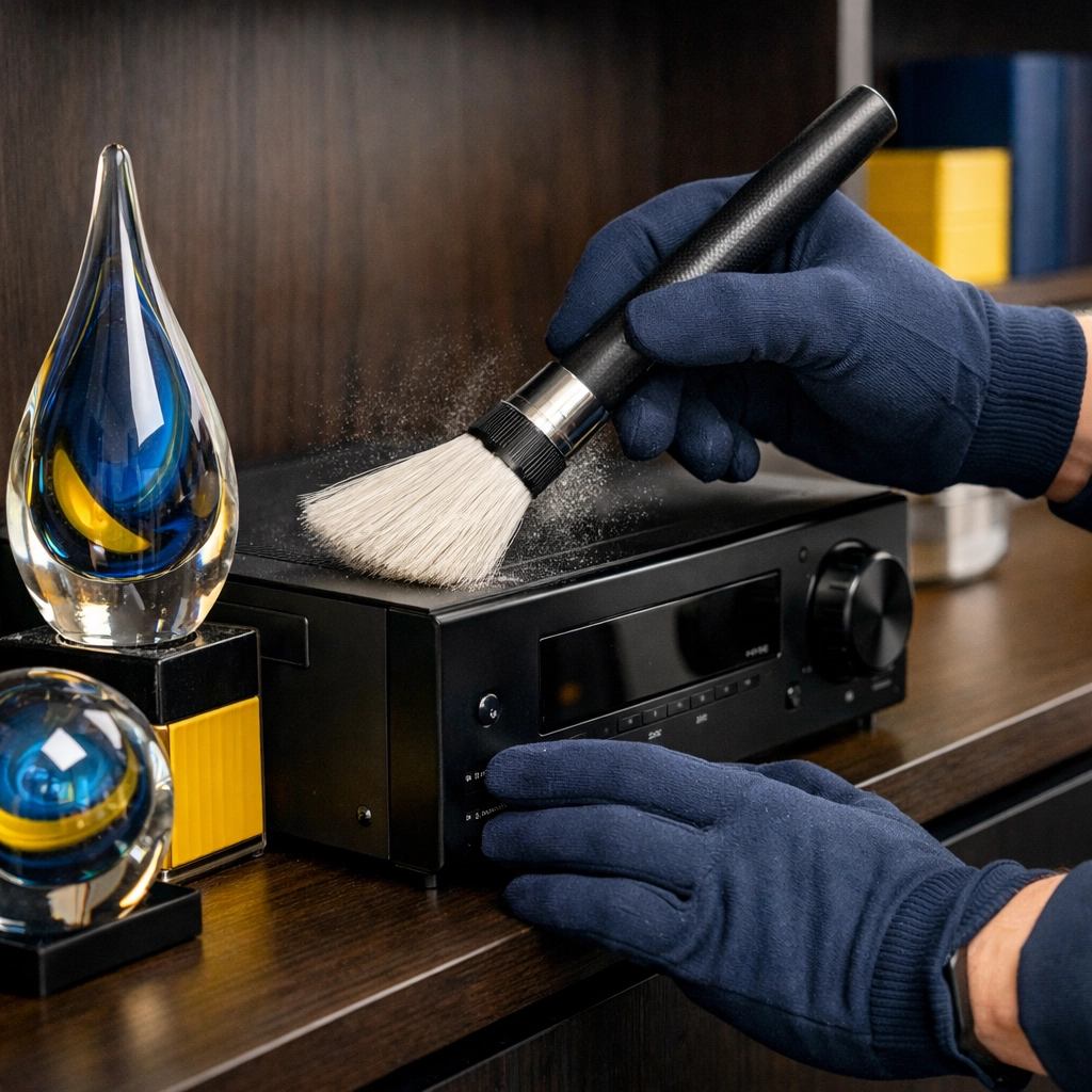 Detailed dusting of delicate home theater equipment as part of residential cleaning Massachusetts.