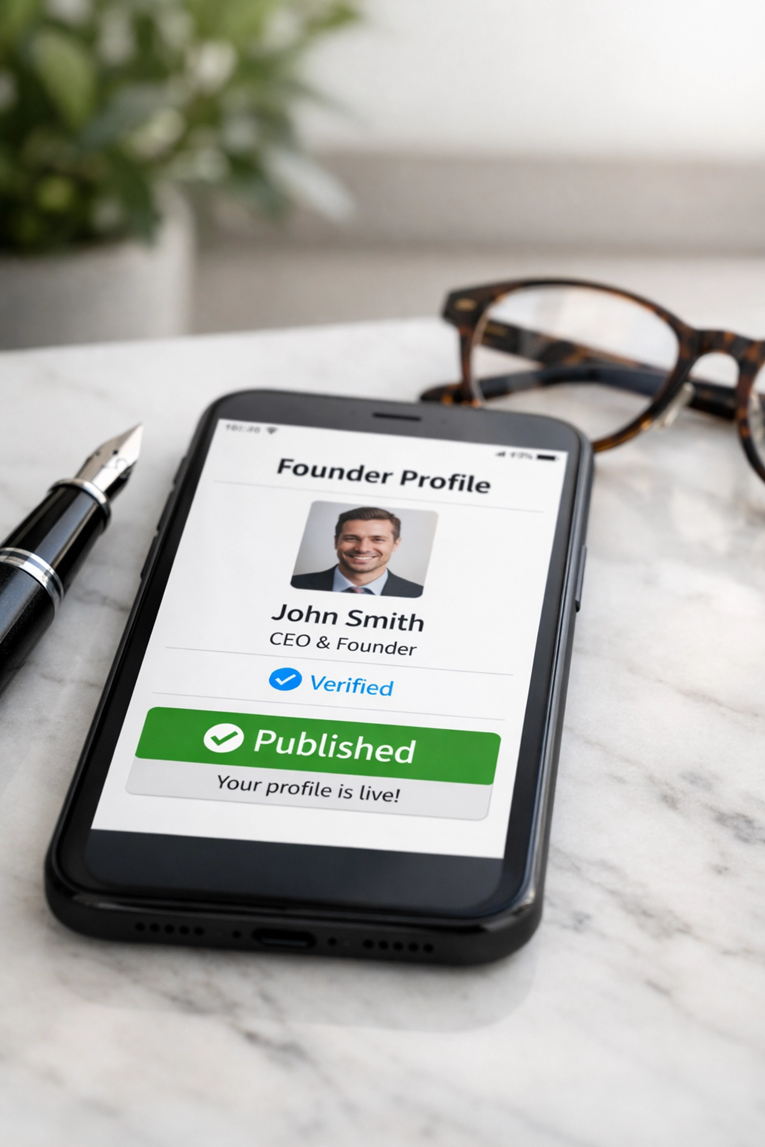 Smartphone displaying a verified business feature and founder profile ready for search indexing.