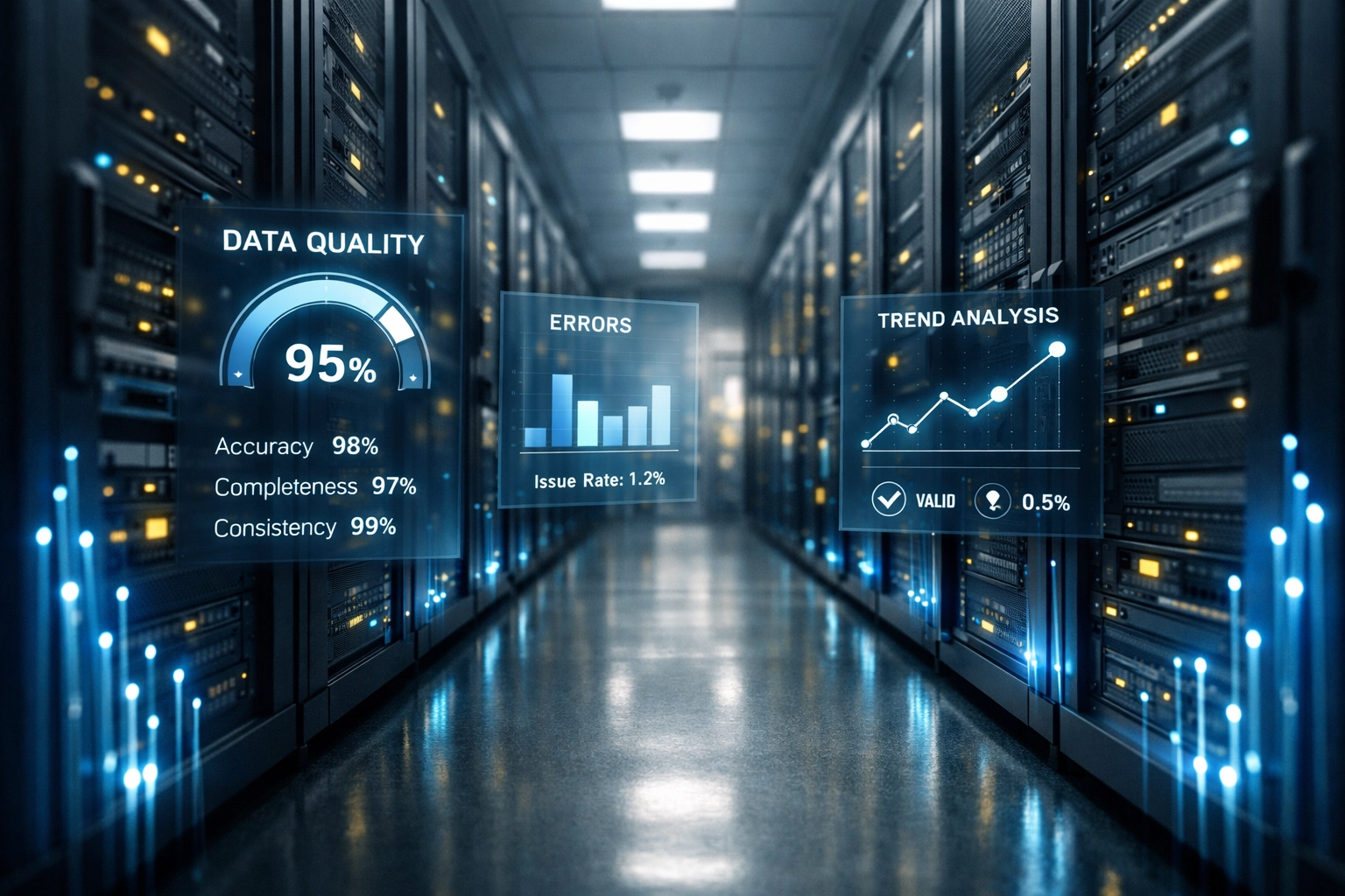 Organized data center with fiber optics demonstrating data quality for AI implementation