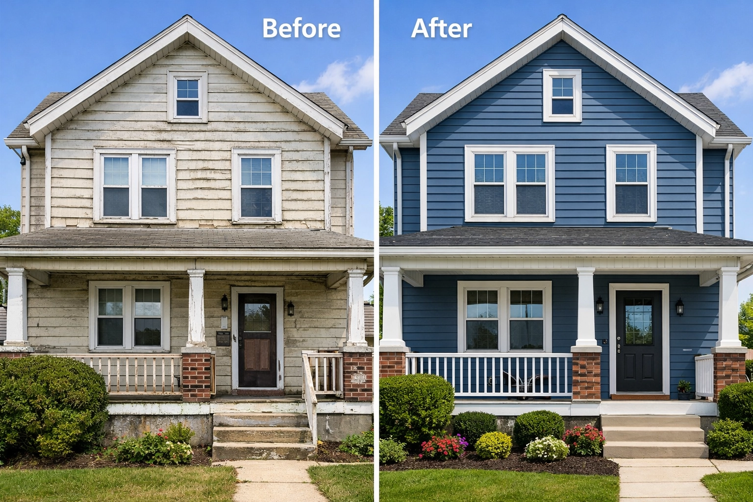 Before and after siding installation showing transformation of Reading PA home curb appeal