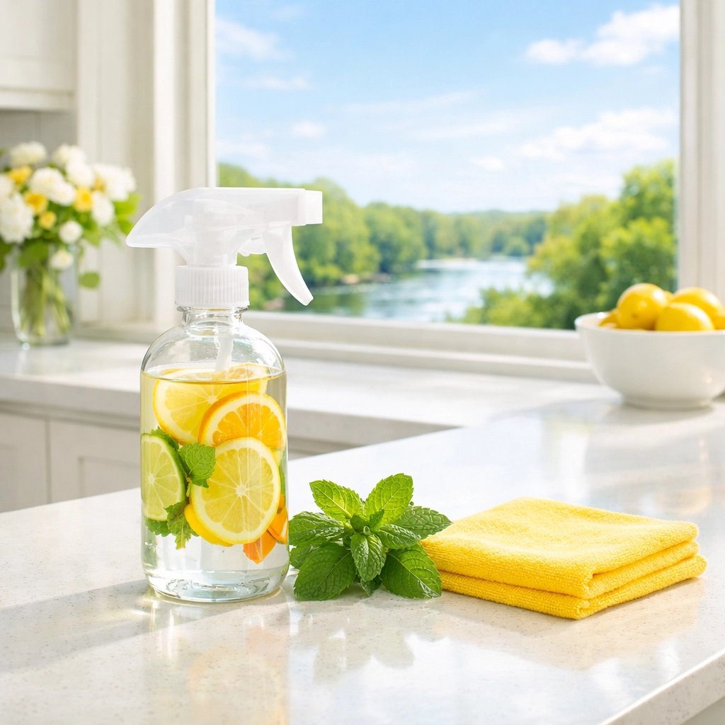 Eco-friendly deep cleaning Lowell supplies on a spotless quartz kitchen counter.